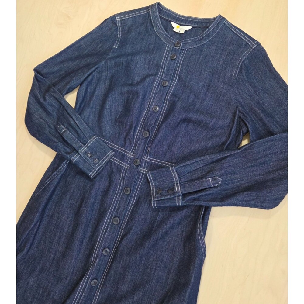 Boden Sara Denim Shirt Dress Collarless Long Sleeve Pockets Size US 8 UK 12